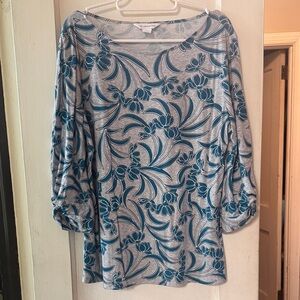 Simply Vera Vera Wang Gray Boatneck Top with Teal Floral Print Size L